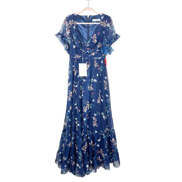 NWT Mac Duggal Flounce Sleeve Floral Maxi Dress Navy Multi 14 #8612 - Picture 3 of 8